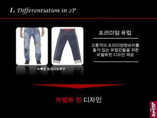 1.Differentiation in 2P프리미엄 유럽고품격의 프리미엄청바지를 즐겨 입는유럽인들을 위한차별화된 디자인 제공독특한 프리미엄추구차별화 된 디자인