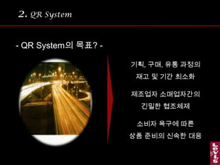 2.QR System- QR System의 목표? -기획, 구매, 유통 과정의재고 및 기간 최소화제조업자 소매업자간의긴밀한 협조체제소비자 욕구에 따른상품 준비의 신속한 대응
