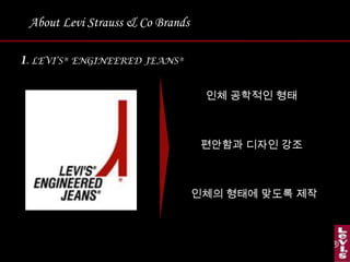 About Levi Strauss & Co Brands1. LEVI’S® ENGINEERED JEANS®인체 공학적인 형태편안함과디자인 강조인체의 형태에 맞도록 제작