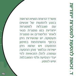 ‫ד‪ Æ‬זכאות להסעות למסגרות ייחודיות‬
     ‫משרד הרווחה הוציא הוראות‬
     ‫בנוגע להסעות של אנשים‬
     ‫עם מוגבלות למסגרות‬
     ‫ייחודיות כמו מסגרת פנאי‬
     ‫לאחר הלימודים או מסגרת‬
     ‫תעסוקה‪ Æ‬יש שהשירות ניתן‬
     ‫בכסף ©השתתפות במימון‬
     ‫ההסעה® ויש שהוא ניתן‬
     ‫ישירות ©כלומר מתן ההסעה‬
     ‫עצמה®‪ Æ‬להלן הזכאויות לפי‬
     ‫יעדי הנסיעה ולפי המוגבלות‬
                    ‫שיש לנוסע‪Æ‬‬


‫∂±‬
 