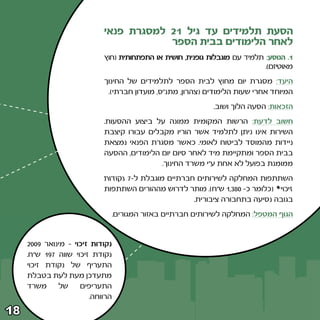 ‫הסעת תלמידים עד גיל ±≤ למסגרת פנאי‬
                                        ‫לאחר הלימודים בבית הספר‬
                            ‫±‪ Æ‬הנוסע∫ תלמיד עם מוגבלות גופנית¨ חושית או התפתחותית ©חוץ‬
                                                                             ‫מאוטיזם®‪Æ‬‬
                            ‫היעד∫ מסגרת יום מחוץ לבית הספר לתלמידים של החינוך‬
                             ‫המיוחד אחרי שעות הלימודים ©צהרון¨ מתנ“ס¨ מועדון חברתי®‪Æ‬‬
                                                              ‫הזכאות∫ הסעה הלוך ושוב‪Æ‬‬
                            ‫חשוב לדעת∫ הרשות המקומית ממונה על ביצוע ההסעות‪Æ‬‬
                            ‫השירות אינו ניתן לתלמיד אשר הוריו מקבלים עבורו קיצבת‬
                            ‫ניידות מהמוסד לביטוח לאומי‪ Æ‬כאשר מסגרת הפנאי נמצאת‬
                            ‫בבית הספר ומתקיימת מיד לאחר סיום יום הלימודים¨ ההסעה‬
                                            ‫ממומנת בפועל לא אחת ע“י משרד החינוך‪Æ‬‬
                            ‫השתתפות המחלקה לשירותים חברתיים מוגבלת ל≠∑ נקודות‬
                            ‫זיכוי™ ©כלומר כ≠ ∞∏≥¨± ש“ח®‪ Æ‬מותר לדרוש מההורים השתתפות‬
                                                     ‫בגובה נסיעה בתחבורה ציבורית‪Æ‬‬
                                  ‫הגוף המטפל∫ המחלקה לשירותים חברתיים באזור המגורים‪Æ‬‬


     ‫נקודות זיכוי ≠ מינואר ‪≤∞∞π‬‬
     ‫נקודת זיכוי שווה ∑‪ ±π‬ש“ח‪Æ‬‬
     ‫התעריף של נקודת זיכוי‬
     ‫מתעדכן מעת לעת בטבלת‬
     ‫משרד‬     ‫של‬     ‫התעריפים‬
                        ‫הרווחה‪Æ‬‬

‫∏±‬
 