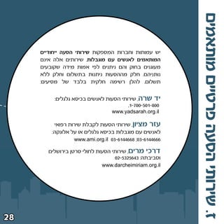 ‫ז‪ Æ‬שירותי הסעה פרטיים מותאמים‬
     ‫יש עמותות וחברות המספקות שירותי הסעה ייחודיים‬
     ‫המותאמים לאנשים עם מוגבלות‪ Æ‬שירותים אלה אינם‬
     ‫מעוגנים בחוק והם ניתנים לפי אמות מידה שקובעים‬
     ‫נותניהם‪ Æ‬חלק מההסעות ניתנות בתשלום וחלק ללא‬
     ‫תשלום‪ Æ‬להלן רשימה חלקית בלבד של מסיעים∫‬


          ‫יד שרה¨ שירותי הסעות לאנשים בכיסא גלגלים∫‬
                                        ‫∞∞∏≠±∞‪¨±≠∑∞∞≠µ‬‬
                                 ‫‪www.yadsarah.org.il‬‬

          ‫עזר מציון¨ שירותי הסעות לקבלת שירות רפואי‬
         ‫לאנשים עם מוגבלות בכיסא גלגלים או על אלונקה∫‬
                  ‫∂∂∂¥¥±∂≠≥∞‪www.ami.org.il ∞≥≠∂±¥¥∂∂∏ ª‬‬

        ‫דרכי מרים¨ שירותי הסעות לחולי סרטן בירושלים‬
                                   ‫וסביבתה∫ ≥¥∂‪∞≤≠µ≥≤µ‬‬
                              ‫‪www.darcheimiriam.org.il‬‬




‫∏≤‬
 