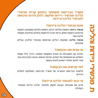 ‫משרד הבריאות משתתף במימון קניית מכשירי‬
     ‫הליכה ומכשירי ניידות ושיקום‪ Æ‬להלן פירוט הזכאות‬
                             ‫למכשירי הליכה וניידות‪Æ‬‬

                                  ‫מהם מכשירי הליכה וניידות‪ø‬‬




                                                                           ‫ח‪ Æ‬מכשירי ניידות והליכה‬
     ‫מכשיר ניידות∫ כיסאות גלגלים ידניים¨ כיסאות גלגלים ממונעים¨ כיסאות‬
     ‫שירותים¨ כיסאות טיולון¨ כריות ישיבה לכיסאות גלגלים¨ הליכונים¨ מקלות‬
                                                             ‫הליכה ועוד‪Æ‬‬
     ‫מכשיר הליכה∫ תותבות רגליים¨ אורתוזות ©מכשירי הליכה®¨ נעליים‬
                                                          ‫מיוחדות‪Æ‬‬

                                          ‫מי מגיש את הבקשה‪ø‬‬
     ‫האדם עם המוגבלות או הגורם המקצועי המפנה¨ בדרך כלל קופות‬
     ‫החולים‪ Æ‬גם המשפחה של האדם¨ שירותי הרווחה¨ ארגוני התנדבות ובתי‬
                                 ‫ספר לחינוך מיוחד רשאים להגיש בקשה‪Æ‬‬

                                      ‫למי מגישים את הבקשה‪ø‬‬
     ‫ללשכת הבריאות האזורית של משרד הבריאות¨ המחלקה לחולים‬
                                                    ‫כרוניים‪Æ‬‬

                             ‫מי זכאי למכשיר הליכה וניידות‪ø‬‬
     ‫אדם עם מוגבלות קבועה הזקוק למכשיר הליכה וניידות ומתגורר‬
                                                       ‫בקהילה‪Æ‬‬


‫∞≥‬
 