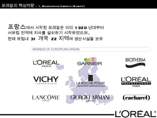 로레알의 핵심역량  –  1.  Multinational Strategy (Europe) 프랑스 에서 시작된 로레알은 이미  1920 년대부터 서유럽 전역에 지사를 설치하기 시작하였으며 , 현재 유럽내  31 개국  22 지역 에 생산시설을 보유 