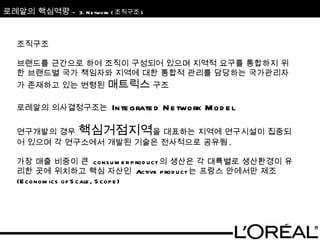 조직구조 브랜드를 근간으로 하여 조직이 구성되어 있으며 지역적 요구를 통합하지 위한 브랜드별 국가 책임자와 지역에 대한 통합적 관리를 담당하는 국가관리자가 존재하고 있는 변형된  매트릭스  구조 로레알의 의사결정구조는  Integrated Network Model 연구개발의 경우  핵심거점지역 을 대표하는 지역에 연구시설이 집중되어 있으며 각 연구소에서 개발된 기술은 전사적으로 공유됨 . 가장 매출 비중이 큰  consumer product 의 생산은 각 대륙별로 생산환경이 유리한 곳에 위치하고 핵심 자산인  Active product 는 프랑스 안에서만 제조 ( Economics of Scale, Scope ) 로레알의 핵심역량  –  3. Network ( 조직구조 ) 
