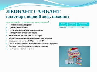 ЛЕОБАНТ САНБАНТ
пластырь первой мед. помощи
10 пластырей – в каждом 10 преимуществ!
                                               Размер       Количество    Количество в
 Не вызывает аллергию                        пластыря      в коробочке    упаковке

 Прочная фиксация                            1,9смх7,2см       10             30

 Не оставляет следов клея на коже
 Прозрачная клеевая основа
 Аннотация на каждом пластыре
 Микроперфорированная тканевая основа
 Стандарт качества ISO9001 и GMP
 Оказывает лечебно-профилактический эффект
 Основа – 100% хлопок телесного цвета
 Удобен в использовании
 