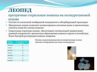 ЛЕОПЕД
  прозрачная стерильная повязка на полиуретановой
  основе
 Состоит из пленочной мембранной поверхности и абсорбирующей прокладки
 Прозрачная основа позволяет контролировать состояние раны и прилегающих
  участков кожи без снятия повязки.
 Сверхтонкая структура основы обеспечивает оптимальный микроклимат
  раневой поверхности, препятствуя образованию кожного струпа и способствуя
  более быстрой регенерации кожных покровов
                               Основа: водонепроницаемая полиуретановая пленка
 Размер      Количество штук
 повязки     в коробке         Адгезив: безвредный для кожи полиакрилат
 5смх7,5см         50

 5смх9см           50

 9смх10см          25

 9смх15м           25

 9смх20см          25

 9смх25см          25

 9смх30см          25
 