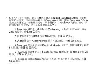 5 月 17 日下午消息，美国《财富》杂志高级编辑 David Kirkpatrick （戴维 · 柯克帕特里克）即将出版的新书《 Facebook 效应》 (The Facebook Effect) 全面介绍饿了这个著名社交网站，其中还披露了 Facebook 的持股情况，按持股份额多少排列，以下是其主要股东名单：  　　  　　 1.Facebook 创始人、总裁 Mark Zuckerberg （马克 · 扎克伯格）持有 24% 的股份，市值 53 亿美元。  　　  　　 2. 俄罗斯投资公司 DST 持有 10% 股份，市值 22 亿美元。  　　  　　 3. 风险投资公司 Accel Partners 持有 10% 股份，市值 22 亿美元。  　　  　　 4.Facebook 联合创始人达 Dustin Moskovitz （斯汀 · 莫斯科维茨）持有 6% 股份，市值 13 亿美元。  　　  　　 5.Facebook 联合创始人 Eduardo Saverin( 爱德华多 · 萨维林 ) 持有 5% 股份，市值 11 亿美元。  　　  　　 6.Facebook 前总裁 Sean Parker （西恩 · 帕克）持有 4% 股份，市值 8.8 亿美元。 