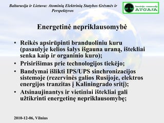 Energetinė nepriklausomybė Reikės apsirūpinti branduoliniu kuru (pasaulyje kelios šalys išgauna uraną, ištekliai senka kaip ir organinio kuro); Prisirišimas prie technologijos tiekėjo; Bandymai išlikti IPS/UPS sinchronizacijos sistemoje (rezervinės galios Rusijoje, elektros energijos tranzitas į Kaliningrado sritį); Atsinaujinantys ir vietiniai ištekliai gali užtikrinti energetinę nepriklausomybę; 