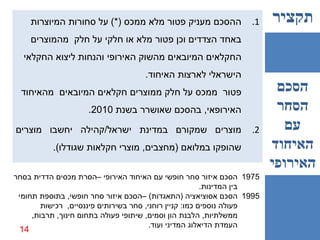 ‫ההסכם מעניק פטור מלא ממכס (*) על סחורות המיוצרות‬            ‫1.‬    ‫תקציר‬
      ‫באחד הצדדים וכן פטור מלא או חלקי על חלק מהמוצרים‬
  ‫החקלאים המיובאים מהשוק האירופי והנחות ליצוא החקלאי‬
                                    ‫הישראלי לארצות האיחוד.‬
  ‫פטור ממכס על חלק ממוצרים חקלאים המיובאים מהאיחוד‬                       ‫הסכם‬
                    ‫האירופאי, בהסכם שאושרר בשנת 0102.‬                    ‫הסחר‬
‫מוצרים שמקורם במדינת ישראל/קהילה יחשבו מוצרים‬                     ‫2.‬       ‫עם‬
           ‫שהופקו במלואם (מחצבים, מוצרי חקלאות שגודלו).‬                 ‫האיחוד‬
                                                                        ‫האירופי‬
‫5791 הסכם איזור סחר חופשי עם האיחוד האירופי –הסרת מכסים הדדית בסחר‬
                                                         ‫בין המדינות.‬
 ‫5991 הסכם אסוציאציה (התאגדות) –הסכם איזור סחר חופשי, בתוספת תחומי‬
        ‫פעולה נוספים כמו: קניין רוחני, סחר בשירותים פיננסיים, רכישות‬
     ‫ממשלתיות, הלבנת הון וסמים, שיתופי פעולה בתחום חינוך, תרבות,‬
                                        ‫העמדת הדיאלוג המדיני ועוד.‬
 ‫41‬
 