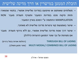 ‫הובלת המטען במישרין או דרך מדינה שלישית‬
‫– משלוחים שאוחסנו או שיוטענו במדינה שלישית אפשרי, בתנאי שנשארו‬
‫תחת פיקוח מכס במדינת המעבר ותצורף תעודת מעבר ‪NON‬‬
                     ‫‪ MANIPULATION‬החתומה ע"י המכס בארץ המעבר.‬

                 ‫– שיגור באמצעות קווי צינורות מדינה שלישית לא מאוזכר.‬

‫– שיגור דרך שטח מדינה שלישית אפשרי, גם ללא צירוף תעודת מעבר‬
                        ‫אם מצוינות על גבי שטר המטען ההערות כדלהלן:‬

 ‫(החלפת אוניות בנמל ביניים)‬                    ‫‪THROUGH BILL OF LADING‬‬
        ‫(שטר מטען משולב).‬     ‫‪MULTI MODAL/ COMBINED BILL OF LADING‬‬



   ‫83‬                          ‫הסכם ישראל – ארה"ב‬
 