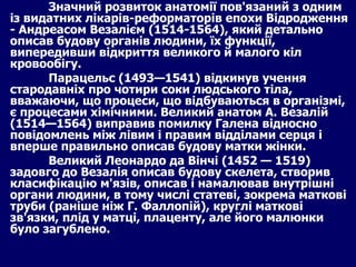 Значний розвиток анатомії пов'язаний з одним із видатних лікарів-реформаторів епохи Відродження - Андреасом Везалієм (1514-1564), який детально описав будову органів людини, їх функції, випередивши відкриття великого й малого кіл кровообігу. Парацельс  (1493—1541)  відкинув учення стародавніх про чотири соки людського тіла, вважаючи, що процеси, що відбуваються в організмі, є процесами хімічними. Великий анатом А. Везалій  (1514—1564)  виправив помилку Галена відносно повідомлень між лівим і правим відділами серця і вперше правильно описав будову матки жінки. Великий Леонардо да Вінчі (1452 — 1519) задовго до Везалія описав будову скелета, створив класифікацію м'язів, описав і намалював внутрішні органи людини, в тому числі статеві, зокрема маткові труби (раніше ніж Г. Фаллопій), круглі маткові зв'язки, плід у матці, плаценту, але його малюнки було загублено.  