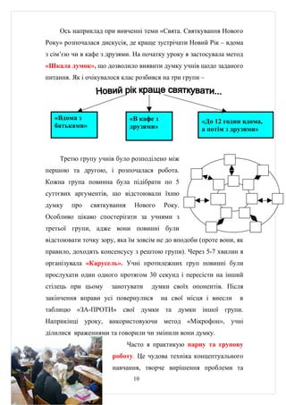 Ось наприклад при вивченні теми «Свята. Святкування Нового
Року» розпочалася дискусія, де краще зустрічати Новий Рік – вдома
з сім’єю чи в кафе з друзями. На початку уроку я застосувала метод
«Шкала думок», що дозволило виявити думку учнів щодо заданого
питання. Як і очікувалося клас розбився на три групи –




   «Вдома з                  «В кафе з               «До 12 годин вдома,
   батьками»                 друзями»                а потім з друзями»



    Третю групу учнів було розподілено між
першою та другою, і розпочалася робота.
Кожна група повинна була підібрати по 5
суттєвих аргументів, що відстоювали їхню
думку   про    святкування     Нового    Року.
Особливо цікаво спостерігати за учнями з
третьої групи, адже вони повинні були
відстоювати точку зору, яка їм зовсім не до вподоби (проте вони, як
правило, доходять консенсусу з рештою групи). Через 5-7 хвилин я
організувала «Карусель». Учні протилежних груп повинні були
прослухати один одного протягом 30 секунд і пересісти на інший
стілець при цьому     занотувати    думки своїх опонентів. Після
закінчення вправи усі повернулися        на свої місця і внесли   в
таблицю «ЗА-ПРОТИ» свої думки та думки іншої групи.
Наприкінці уроку, використовуючи метод «Мікрофон», учні
ділилися враженнями та говорили чи змінили вони думку.
                             Часто я практикую парну та групову
                      роботу. Це чудова техніка концептуального
                      навчання, творче вирішення проблеми та
                              10
 