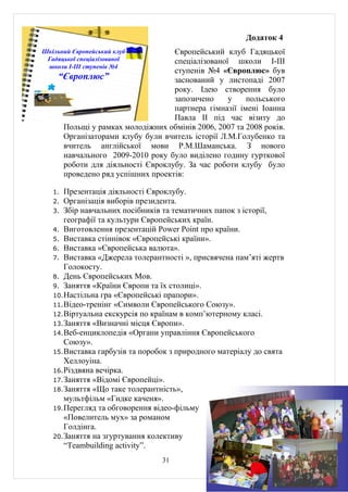 Додаток 4
Шкільний Європейський клуб         Європейський клуб Гадяцької
 Гадяцької спеціалізованої         спеціалізованої школи І-ІІІ
 школи І-ІІІ ступенів №4
                                   ступенів №4 «Європлюс» був
     “Європлюс”                    заснований у листопаді 2007
                                   року. Ідею створення було
                                   запозичено     у    польського
                                   партнера гімназії імені Іоанна
                                   Павла ІІ під час візиту до
      Польщі у рамках молодіжних обмінів 2006, 2007 та 2008 років.
      Організаторами клубу були вчитель історії Л.М.Голубенко та
      вчитель англійської мови Р.М.Шаманська. З нового
      навчального 2009-2010 року було виділено годину гурткової
      роботи для діяльності Євроклубу. За час роботи клубу було
      проведено ряд успішних проектів:

   1.  Презентація діяльності Євроклубу.
   2. Організація виборів президента.
   3. Збір навчальних посібників та тематичних папок з історії,
       географії та культури Європейських країн.
   4. Виготовлення презентацій Power Point про країни.
   5. Виставка стіннівок «Європейські країни».
   6. Виставка «Європейська валюта».
   7. Виставка «Джерела толерантності », присвячена пам’яті жертв
       Голокосту.
   8. День Європейських Мов.
   9. Заняття «Країни Європи та їх столиці».
   10. Настільна гра «Європейські прапори».
   11. Відео-тренінг «Символи Європейського Союзу».
   12. Віртуальна екскурсія по країнам в комп’ютерному класі.
   13. Заняття «Визначні місця Європи».
   14. Веб-енциклопедія «Органи управління Європейського
       Союзу».
   15. Виставка гарбузів та поробок з природного матеріалу до свята
       Хеллоуіна.
   16. Різдвяна вечірка.
   17. Заняття «Відомі Європейці».
   18. Заняття «Що таке толерантність»,
       мультфільм «Гидке каченя».
   19. Перегляд та обговорення відео-фільму
       «Повелитель мух» за романом
       Голдінга.
   20. Заняття на згуртування колективу
       “Teambuilding activity”.
                                 31
 