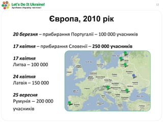 Європа, 2010 рік 20 березня  –  прибирання Португалії  –  100 000 учасників   17 квітня  –  прибирання Словенії –  250 000 учасників   17 квітня  Литва – 100 000 24 квітня Латвія – 150 000 25 вересня Румунія  –  200 000 учасників 