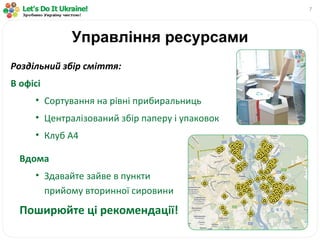 Управління ресурсами Роздільний збір сміття : В офісі Сортування на рівні прибиральниць Централізований збір паперу і упаковок Клуб А4 Вдома Здавайте зайве в пункти прийому вторинної сировини Поширюйте ці рекомендації! 