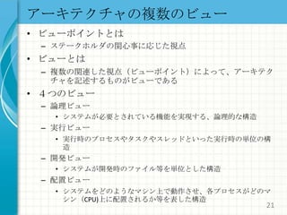 アーキテクチャの複数のビュービューポイントとはステークホルダの関心事に応じた視点ビューとは複数の関連した視点（ビューポイント）によって、アーキテクチャを記述するものがビューである４つのビュー論理ビューシステムが必要とされている機能を実現する、論理的な構造実行ビュー実行時のプロセスやタスクやスレッドといった実行時の単位の構造開発ビューシステムが開発時のファイル等を単位とした構造配置ビューシステムをどのようなマシン上で動作させ、各プロセスがどのマシン（CPU)上に配置されるか等を表した構造21