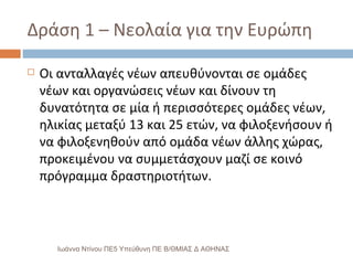 Δράση 1 – Νεολαία για την Ευρώπη Οι ανταλλαγές νέων απευθύνονται σε ομάδες νέων και οργανώσεις νέων και δίνουν τη δυνατότητα σε μία ή περισσότερες ομάδες νέων, ηλικίας μεταξύ 13 και 25 ετών, να φιλοξενήσουν ή να φιλοξενηθούν από ομάδα νέων άλλης χώρας, προκειμένου να συμμετάσχουν μαζί σε κοινό πρόγραμμα δραστηριοτήτων. Ιωάννα Ντίνου ΠΕ5 Υπεύθυνη ΠΕ Β/ΘΜΙΑΣ Δ ΑΘΗΝΑΣ 
