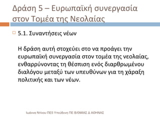 Δράση 5 – Ευρωπαϊκή συνεργασία στον Τομέα της Νεολαίας 5.1. Συναντήσεις νέων Η δράση αυτή στοχεύει στο να προάγει την ευρωπαϊκή συνεργασία στον τομέα της νεολαίας, ενθαρρύνοντας τη θέσπιση ενός διαρθρωμένου διαλόγου μεταξύ των υπευθύνων για τη χάραξη πολιτικής και των νέων. Ιωάννα Ντίνου ΠΕ5 Υπεύθυνη ΠΕ Β/ΘΜΙΑΣ Δ ΑΘΗΝΑΣ 
