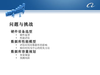 问题与挑战 硬件设备选型 硬件选型 性能评估 数据库性能模型 评估应用对数据库的影响 响应时间为中心的优化方法 数据库容量规划 容量规划  预测风险 
