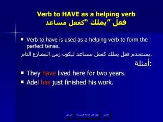 Verb to HAVE as a helping verb   فعل ”يملك “  كفعل مساعد Verb to have is used as a helping verb to form the perfect tense. يستخدم فعل يملك كفعل مساعد ليكون زمن  المضارع  التام . أمثلة : They  have  lived here for two years. Adel  has  just finished his work. عودة إلى القائمة الرئيسية عودة إلى القائمة الرئيسية التالي السابق 