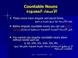 Countable Nouns    الأسماء المعدودة These nouns have singular and plural forms. هذه الأسماء لها صيغ مفردة و جمع . Before singular countable nouns you can use  a/an . قبل الأسماء المفردة المعدودة تستطيع استخدام  . You cannot use singular countable nouns alone without words such as:  a, an, one, my, your, his, etc. لا نستطيع استخدام أسماء مفردة معدودة بمفردها بدون الكلمات السابقة . عودة إلى القائمة الرئيسية السابق (a/an) عودة إلى القائمة الرئيسية التالي 