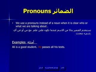 Pronouns  الضمائر  We use a pronouns instead of a noun when it is clear who or what we are talking about . نستخدم الضمير بدلا من الاسم عندما نكون على علم  مع من أو عن أي شيء نتحدث . Examples  أمثلة  Ali is a good student .  He  passes all his tests. عودة إلى القائمة الرئيسية عودة إلى القائمة الرئيسية التالي السابق 