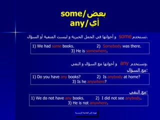 some/ بعض     any/ أي   تستخدم  و أخواتها في الجمل الخبرية و ليست المنفية أو السؤال . وتستخدم  و أخواتها مع السؤال و النفي . مع السؤال : مع النفي : some عودة إلى القائمة الرئيسية 1) We had  some  books.  2)  Somebody  was there. 3) He is  somewhere .  any 1) Do you have  any  books?  2)  Is  anybody  at home? 3) Is he  anywhere ?  1) We do not have  any  books.  2)  I did not see  anybody . 3) He is not  anywhere .  عودة إلى القائمة الرئيسية 