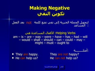 Making Negative    تكوين النفي لتحويل الجملة الخبرية إلى نفي نضع كلمة  بعد الفعل المساعد :  الأفعال المساعدة هي :  Helping Verbs am – is – are – was – were – have – has – had – will – would – shall – should – can – could – may – might – must – ought to أمثلـــــــــة : They  are  happy.  They  are not  happy? He  can  help us? He  can not  help us? عودة إلى القائمة الرئيسية التالي not عودة إلى القائمة الرئيسية 