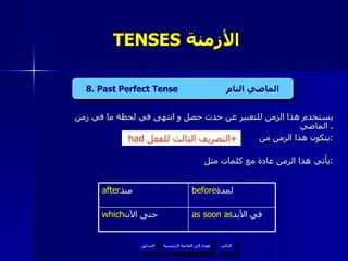 TENSES  الأزمنة  يستخدم هذا الزمن للتعبير عن حدث حصل و انتهى في لحظة ما في زمن الماضي .  يتكون هذا الزمن من : يأتي هذا الزمن عادة مع كلمات مثل  : 4. Present Continuous Tense  المضارع المستمر   had  التصريف الثالث للفعل + I I 8. Past Perfect Tense  الماضي التام عودة إلى القائمة الرئيسية عودة إلى القائمة الرئيسية التالي السابق as soon as في الأبد  which حتى الآن  before لمدة  after منذ  