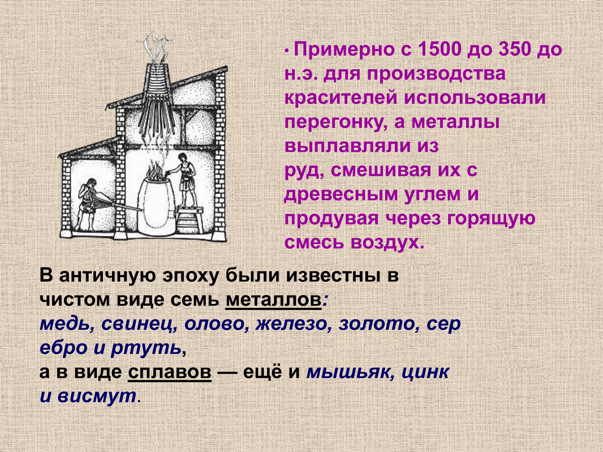 К 7 в. до н.э. Египет и Месопотамия стали центрами производства красителей; там же получали в чистом виде золото, серебро и другие металлы.Фото реконструированной древней медеплавильной печи