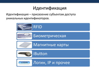 ИдентификацияИдентификация – присвоение субъектам доступа уникальных идентификаторов.