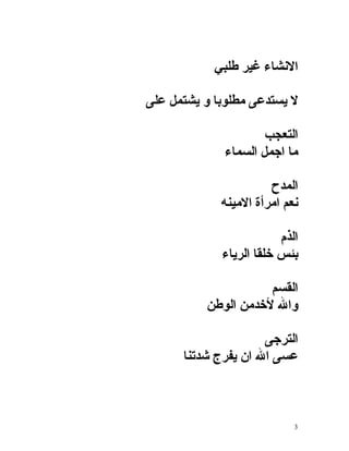‫النشاء غير طلبي‬

‫ل يستدعى مطلوبا و يشتمل على‬

                      ‫التعجب‬
              ‫ما اجمل السماء‬

                       ‫المدح‬
             ‫نعم امرأة المينه‬

                         ‫الذم‬
             ‫بئس خلقا الرياء‬

                     ‫القسم‬
          ‫وال لخدمن الوطن‬

                     ‫الترجى‬
      ‫عسى ال ان يفرج شدتنا‬



                            ‫3‬
 
