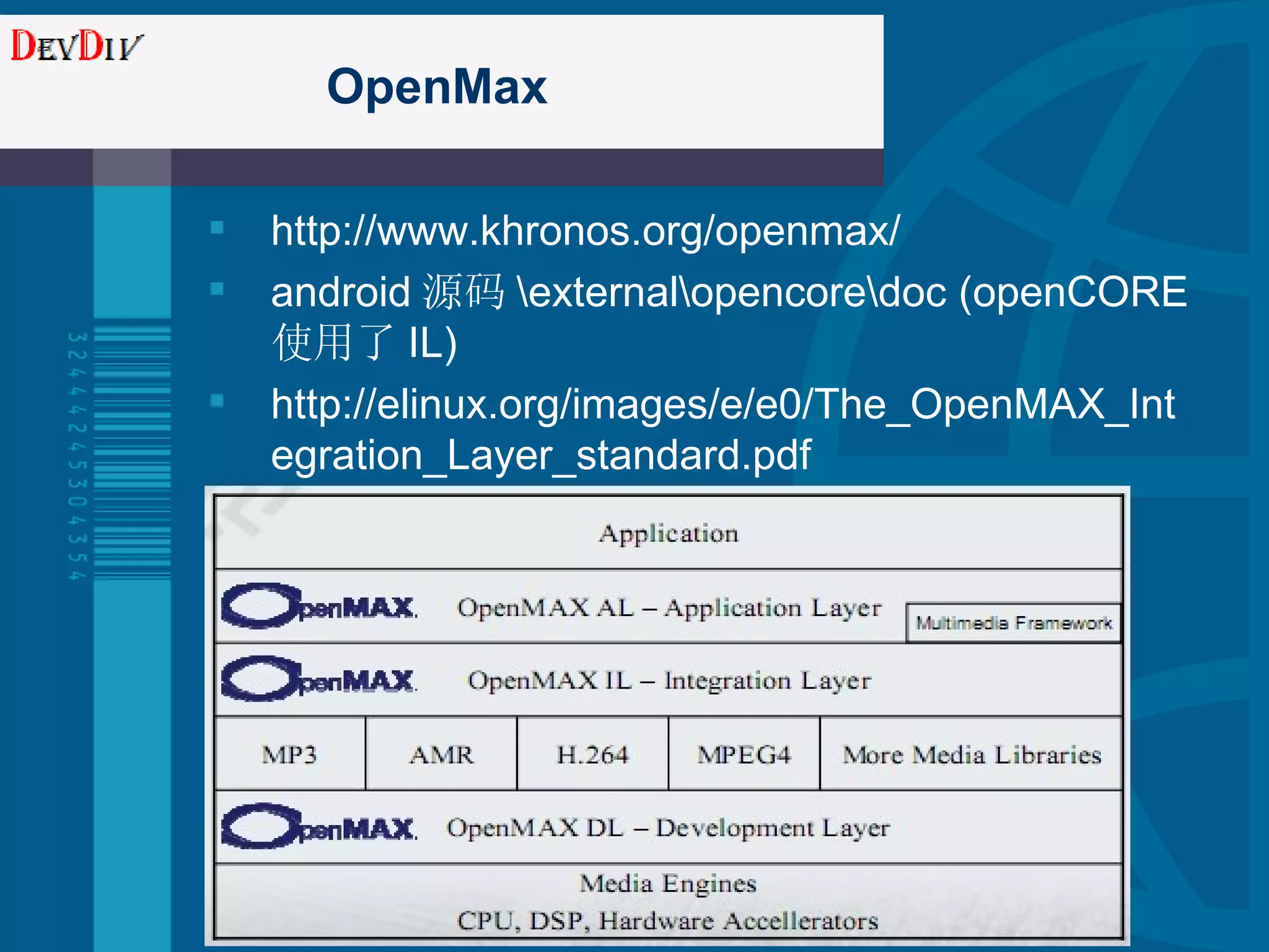 O penMax http://www.khronos.org/openmax/ android 源码 \external\opencore\doc  (openCORE 使用了 IL) http://elinux.org/images/e/e0/The_OpenMAX_Integration_Layer_standard.pdf http://www.devdiv.net 