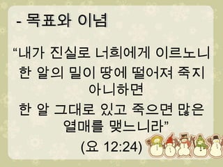 - 목표와 이념 - 목표와 이념 “내가 진실로 너희에게 이르노니한 알의 밀이 땅에 떨어져 죽지 아니하면 한 알 그대로 있고 죽으면 많은 열매를 맺느니라”(요 12:24) 