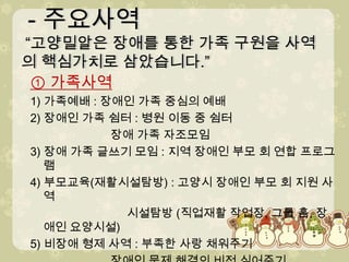 - 주요사역 “고양밀알은 장애를 통한 가족 구원을 사역의 핵심가치로 삼았습니다.” - 주요사역 “고양밀알은 장애를 통한 가족 구원을 사역의 핵심가치로 삼았습니다.”① 가족사역1) 가족예배 : 장애인 가족 중심의 예배2) 장애인 가족 쉼터: 병원 이동 중 쉼터장애 가족 자조모임3) 장애 가족 글쓰기 모임 : 지역 장애인 부모 회 연합 프로그램4) 부모교육(재활시설탐방) : 고양시 장애인 부모 회 지원 사역                              시설탐방 (직업재활 작업장, 그룹 홈, 장애인 요양시설)5) 비장애 형제 사역 : 부족한 사랑 채워주기                         장애인 문제 해결의 비전 심어주기