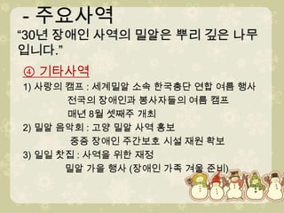 - 주요사역“30년 장애인 사역의 밀알은 뿌리 깊은 나무입니다.” - 주요사역“30년 장애인 사역의 밀알은 뿌리 깊은 나무입니다.”④ 기타사역1) 사랑의 캠프 : 세계밀알 소속 한국총단 연합 여름 행사전국의 장애인과 봉사자들의 여름 캠프매년 8월 셋째주 개최2) 밀알 음악회 : 고양 밀알 사역 홍보중증 장애인 주간보호 시설 재원 확보3) 일일 찻집 : 사역을 위한 재정밀알 가을 행사 (장애인 가족 겨울 준비)