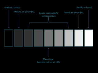 Απόλυτο μαύροΑπόλυτο λευκόΜαύρο με ίχνη υφήςΛευκό με ίχνη υφήςΖώνες καταγραφής λεπτομερειώνΜέσο γκριΑνακλαστικότητας 18%