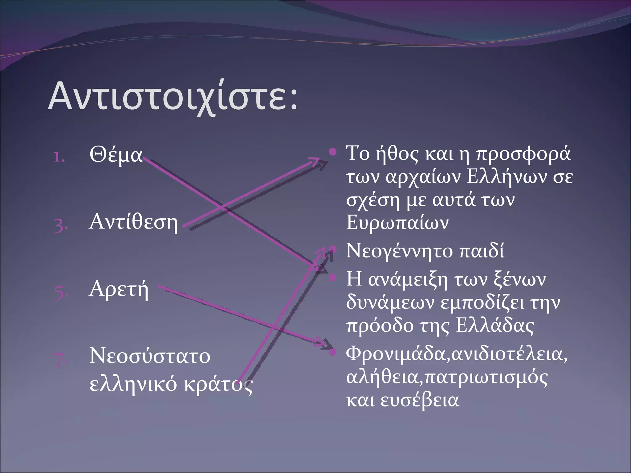 Αντιστοιχίστε: Θέμα Αντίθεση Αρετή Νεοσύστατο ελληνικό κράτος Το ήθος και η προσφορά των αρχαίων Ελλήνων σε σχέση με αυτά των Ευρωπαίων Νεογέννητο παιδί Η ανάμειξη των ξένων δυνάμεων εμποδίζει την πρόοδο της Ελλάδας Φρονιμάδα,ανιδιοτέλεια,αλήθεια,πατριωτισμός και ευσέβεια 