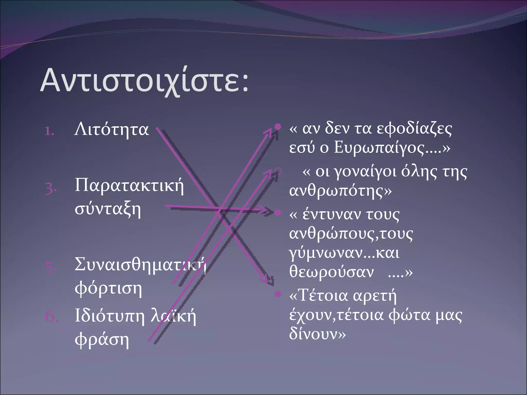 Αντιστοιχίστε: Λιτότητα Παρατακτική σύνταξη Συναισθηματική φόρτιση Ιδιότυπη λαϊκή φράση « αν δεν τα εφοδίαζες εσύ ο Ευρωπαίγος….» « οι γοναίγοι όλης της ανθρωπότης» « έντυναν τους ανθρώπους,τους γύμνωναν…και θεωρούσαν  ….» «Τέτοια αρετή έχουν,τέτοια φώτα μας δίνουν» 
