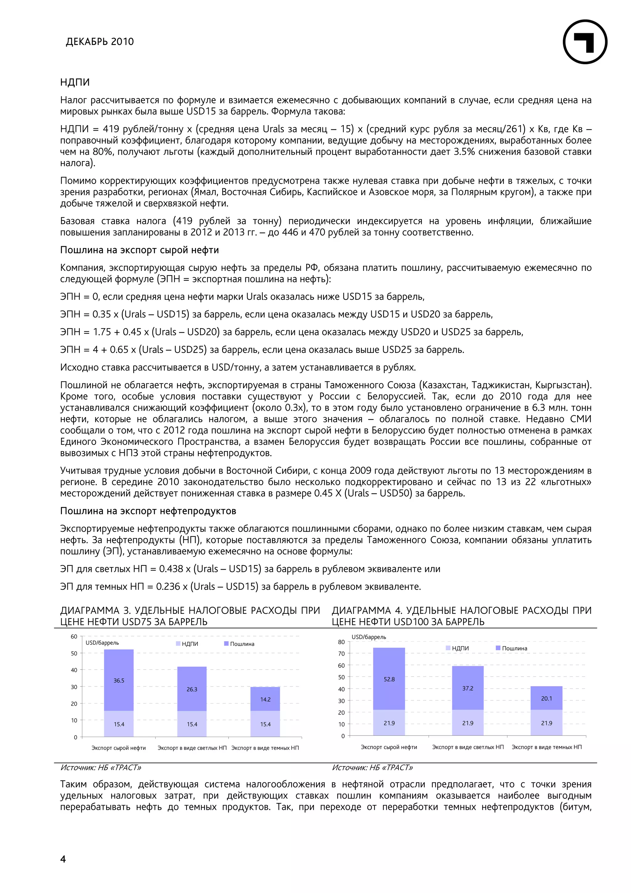 ДЕКАБРЬ 2010


НДПИ
Налог рассчитывается по формуле и взимается ежемесячно с добывающих компаний в случае, если средняя цена на
мировых рынках была выше USD15 за баррель. Формула такова:
НДПИ = 419 рублей/тонну х (средняя цена Urals за месяц – 15) х (средний курс рубля за месяц/261) х Кв, где Кв –
поправочный коэффициент, благодаря которому компании, ведущие добычу на месторождениях, выработанных более
чем на 80%, получают льготы (каждый дополнительный процент выработанности дает 3.5% снижения базовой ставки
налога).
Помимо корректирующих коэффициентов предусмотрена также нулевая ставка при добыче нефти в тяжелых, с точки
зрения разработки, регионах (Ямал, Восточная Сибирь, Каспийское и Азовское моря, за Полярным кругом), а также при
добыче тяжелой и сверхвязкой нефти.
Базовая ставка налога (419 рублей за тонну) периодически индексируется на уровень инфляции, ближайшие
повышения запланированы в 2012 и 2013 гг. – до 446 и 470 рублей за тонну соответственно.
Пошлина на экспорт сырой нефти
Компания, экспортирующая сырую нефть за пределы РФ, обязана платить пошлину, рассчитываемую ежемесячно по
следующей формуле (ЭПН = экспортная пошлина на нефть):
ЭПН = 0, если средняя цена нефти марки Urals оказалась ниже USD15 за баррель,
ЭПН = 0.35 х (Urals – USD15) за баррель, если цена оказалась между USD15 и USD20 за баррель,
ЭПН = 1.75 + 0.45 х (Urals – USD20) за баррель, если цена оказалась между USD20 и USD25 за баррель,
ЭПН = 4 + 0.65 х (Urals – USD25) за баррель, если цена оказалась выше USD25 за баррель.
Исходно ставка рассчитывается в USD/тонну, а затем устанавливается в рублях.
Пошлиной не облагается нефть, экспортируемая в страны Таможенного Союза (Казахстан, Таджикистан, Кыргызстан).
Кроме того, особые условия поставки существуют у России с Белоруссией. Так, если до 2010 года для нее
устанавливался снижающий коэффициент (около 0.3х), то в этом году было установлено ограничение в 6.3 млн. тонн
нефти, которые не облагались налогом, а выше этого значения – облагалось по полной ставке. Недавно СМИ
сообщали о том, что с 2012 года пошлина на экспорт сырой нефти в Белоруссию будет полностью отменена в рамках
Единого Экономического Пространства, а взамен Белоруссия будет возвращать России все пошлины, собранные от
вывозимых с НПЗ этой страны нефтепродуктов.
Учитывая трудные условия добычи в Восточной Сибири, с конца 2009 года действуют льготы по 13 месторождениям в
регионе. В середине 2010 законодательство было несколько подкорректировано и сейчас по 13 из 22 «льготных»
месторождений действует пониженная ставка в размере 0.45 Х (Urals – USD50) за баррель.
Пошлина на экспорт нефтепродуктов
Экспортируемые нефтепродукты также облагаются пошлинными сборами, однако по более низким ставкам, чем сырая
нефть. За нефтепродукты (НП), которые поставляются за пределы Таможенного Союза, компании обязаны уплатить
пошлину (ЭП), устанавливаемую ежемесячно на основе формулы:
ЭП для светлых НП = 0.438 х (Urals – USD15) за баррель в рублевом эквиваленте или
ЭП для темных НП = 0.236 х (Urals – USD15) за баррель в рублевом эквиваленте.

ДИАГРАММА 3. УДЕЛЬНЫЕ НАЛОГОВЫЕ РАСХОДЫ ПРИ                                          ДИАГРАММА 4. УДЕЛЬНЫЕ НАЛОГОВЫЕ РАСХОДЫ ПРИ
ЦЕНЕ НЕФТИ USD75 ЗА БАРРЕЛЬ                                                          ЦЕНЕ НЕФТИ USD100 ЗА БАРРЕЛЬ
    60                                                                                     USD/баррель
         USD/баррель                    НДПИ             Пошлина                      80
                                                                                                                         НДПИ              Пошлина
    50                                                                                70
                                                                                      60
    40
                                                                                      50             52.8
                  36.5
    30                                    26.3                                        40                                     37.2
                                                                    14.2              30                                                                 20.1
    20
                                                                                      20
    10                                                                                               21.9                    21.9                        21.9
                  15.4                    15.4                      15.4              10

     0                                                                                 0
          Экспорт сырой нефти   Экспорт в виде светлых НП Экспорт в виде темных НП           Экспорт сырой нефти   Экспорт в виде светлых НП   Экспорт в виде темных НП


Источник: НБ «ТРАСТ»                                                                 Источник: НБ «ТРАСТ»
Таким образом, действующая система налогообложения в нефтяной отрасли предполагает, что с точки зрения
удельных налоговых затрат, при действующих ставках пошлин компаниям оказывается наиболее выгодным
перерабатывать нефть до темных продуктов. Так, при переходе от переработки темных нефтепродуктов (битум,



4
 