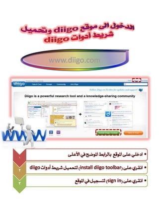 ‫‪www.diigo.com‬‬




                       ‫• ادخم٘ عمٜ املٕقع بالزابط املٕضح يف األعمٜ‬
‫1‬

    ‫• اٌقزٙ عمٜ (‪ )install diigo toolbar‬لتحىٗن شزٖط أدٔات ‪diigo‬‬
‫2‬
                          ‫• اٌقزٙ عمٜ (‪ )sign in‬لتضجٗن يف املٕقع‬
‫3‬
 