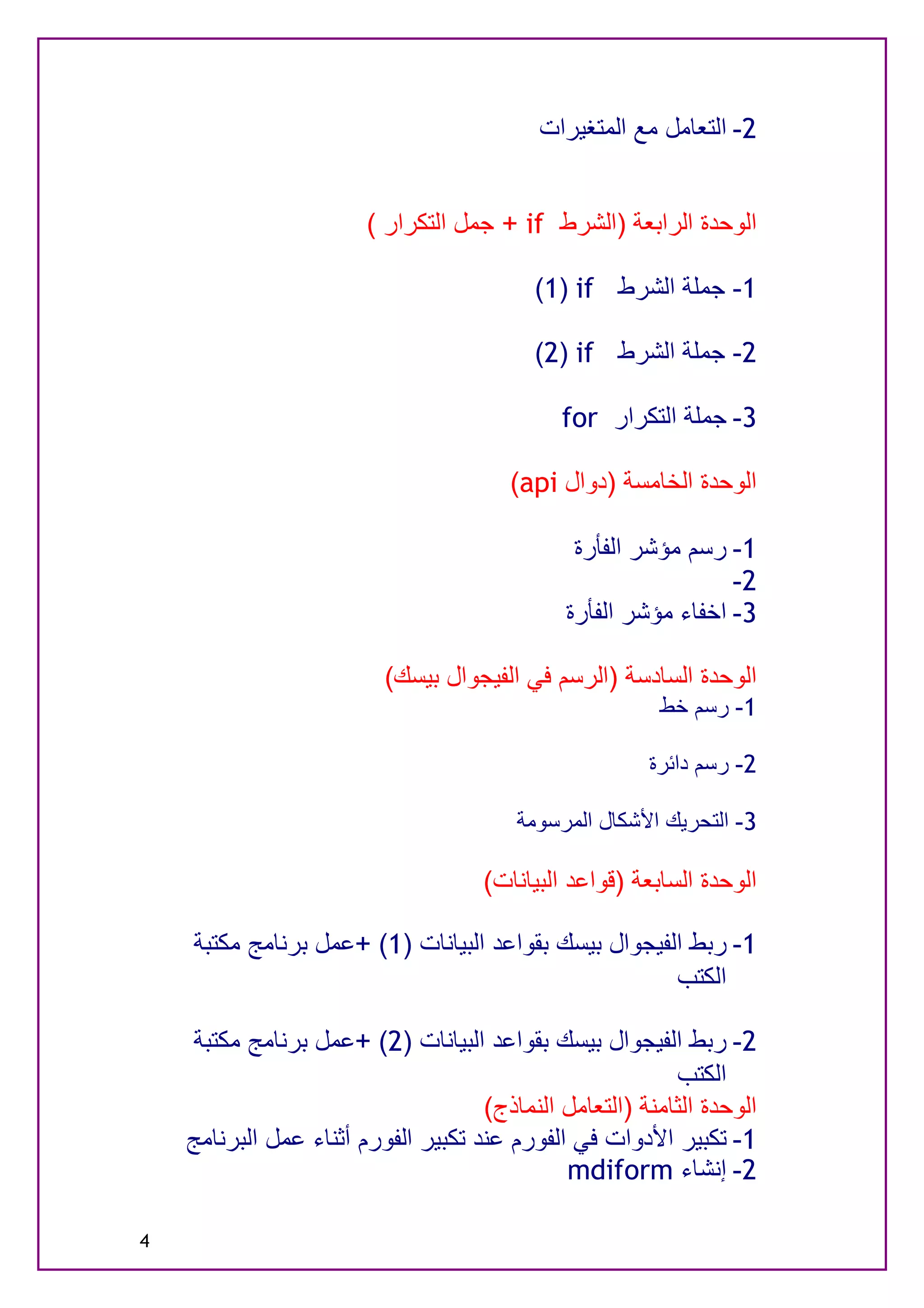 ‫2- اﻟﺘﻌﺎﻣﻞ ﻣﻊ اﻟﻤﺘﻐﯿﺮات‬


                        ‫اﻟﻮﺣﺪة اﻟﺮاﺑﻌﺔ )اﻟﺸﺮط ‪ + if‬ﺟﻤﻞ اﻟﺘﻜﺮار (‬

                                           ‫1- ﺟﻤﻠﺔ اﻟﺸﺮط ‪(1) if‬‬

                                           ‫2- ﺟﻤﻠﺔ اﻟﺸﺮط ‪(2) if‬‬

                                              ‫3- ﺟﻤﻠﺔ اﻟﺘﻜﺮار ‪for‬‬

                                        ‫اﻟﻮﺣﺪة اﻟﺨﺎﻣﺴﺔ )دوال ‪(api‬‬

                                                ‫1- رﺳﻢ ﻣﺆﺷﺮ اﻟﻔﺄرة‬
                                                                 ‫2-‬
                                               ‫3- اﺧﻔﺎء ﻣﺆﺷﺮ اﻟﻔﺄرة‬

                          ‫اﻟﻮﺣﺪة اﻟﺴﺎدﺳﺔ )اﻟﺮﺳﻢ ﻓﻲ اﻟﻔﯿﺠﻮال ﺑﯿﺴﻚ(‬
                                                         ‫1- رﺳﻢ ﺧﻂ‬

                                                        ‫2- رﺳﻢ داﺋﺮة‬

                                         ‫3- اﻟﺘﺤﺮﯾﻚ اﻷﺷﻜﺎل اﻟﻤﺮﺳﻮﻣﺔ‬

                                     ‫اﻟﻮﺣﺪة اﻟﺴﺎﺑﻌﺔ )ﻗﻮاﻋﺪ اﻟﺒﯿﺎﻧﺎت(‬

    ‫1- رﺑﻂ اﻟﻔﯿﺠﻮال ﺑﯿﺴﻚ ﺑﻘﻮاﻋﺪ اﻟﺒﯿﺎﻧﺎت )1( +ﻋﻤﻞ ﺑﺮﻧﺎﻣﺞ ﻣﻜﺘﺒﺔ‬
                                                      ‫اﻟﻜﺘﺐ‬

     ‫2- رﺑﻂ اﻟﻔﯿﺠﻮال ﺑﯿﺴﻚ ﺑﻘﻮاﻋﺪ اﻟﺒﯿﺎﻧﺎت )2( +ﻋﻤﻞ ﺑﺮﻧﺎﻣﺞ ﻣﻜﺘﺒﺔ‬
                                                           ‫اﻟﻜﺘﺐ‬
                                     ‫اﻟﻮﺣﺪة اﻟﺜﺎﻣﻨﺔ )اﻟﺘﻌﺎﻣﻞ اﻟﻨﻤﺎذج(‬
    ‫1- ﺗﻜﺒﯿﺮ اﻷدوات ﻓﻲ اﻟﻔﻮرم ﻋﻨﺪ ﺗﻜﺒﯿﺮ اﻟﻔﻮرم أﺛﻨﺎء ﻋﻤﻞ اﻟﺒﺮﻧﺎﻣﺞ‬
                                              ‫2- إﻧﺸﺎء ‪mdiform‬‬

‫4‬
 