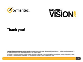 Thank you!




Copyright © 2010 Symantec Corporation. All rights reserved. Symantec and the Symantec Logo are trademarks or registered trademarks of Symantec Corporation or its affiliates in
the U.S. and other countries. Other names may be trademarks of their respective owners.

This document is provided for informational purposes only and is not intended as advertising. All warranties relating to the information in this document, either express or implied,
are disclaimed to the maximum extent allowed by law. The information in this document is subject to change without notice.


                                                                                                                                                                                        91
 