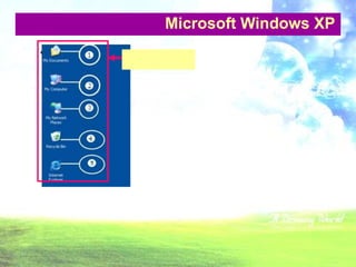 ส่วนประกอบของระบบปฏิบัติการ Microsoft Windows XPโปรแกรมไอคอนเป็นสัญลักษณ์แทนโปรแกรมนั้นๆโดยเราสามรถเข้าสู่โปรแกรมโดยการดับเบิ้ลคลิ๊กที่ ไอคอน