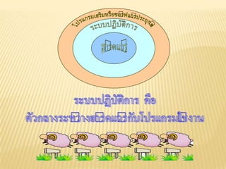 ระบบปฏิบัติการโปรแกรมเสริมหรือซอร์ฟแวร์ประยุกต์ฮาร์ดแวร์ระบบปฏิบัติการ  คือตัวกลางระหว่างฮาร์ดแวร์กับโปรแกรมใช้งาน