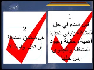 ثالثا : أهمية حل المشكلة  1 قبل البدء في حل  المشكلة ينبغي تحديد  أهمية وحقيقة وجود  المشكلة والجدوى  من حلها  . 2 هل تستحق المشكلة  أن تحل  ولماذا ؟  تمرين  5 