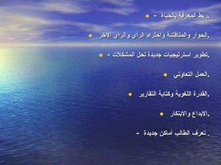 -  ربط المعرفة بالحياة  . الحوار والمناقشة واحترام الرأي والرأي الآخر  . - تطوير استرتيجيات جديدة لحل المشكلات  . العمل التعاوني  . القدرة اللغوية وكتابة التقارير  . الابداع والابتكار  . -  تعرف الطالب أماكن جديدة   . 