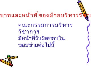บทบาทและหน้าที่ของฝ่ายบริหารวิชาการ   คณะกรรมการบริหารวิชาการ มีหน้าที่รับผิดชอบในขอบข่ายต่อไปนี้ 