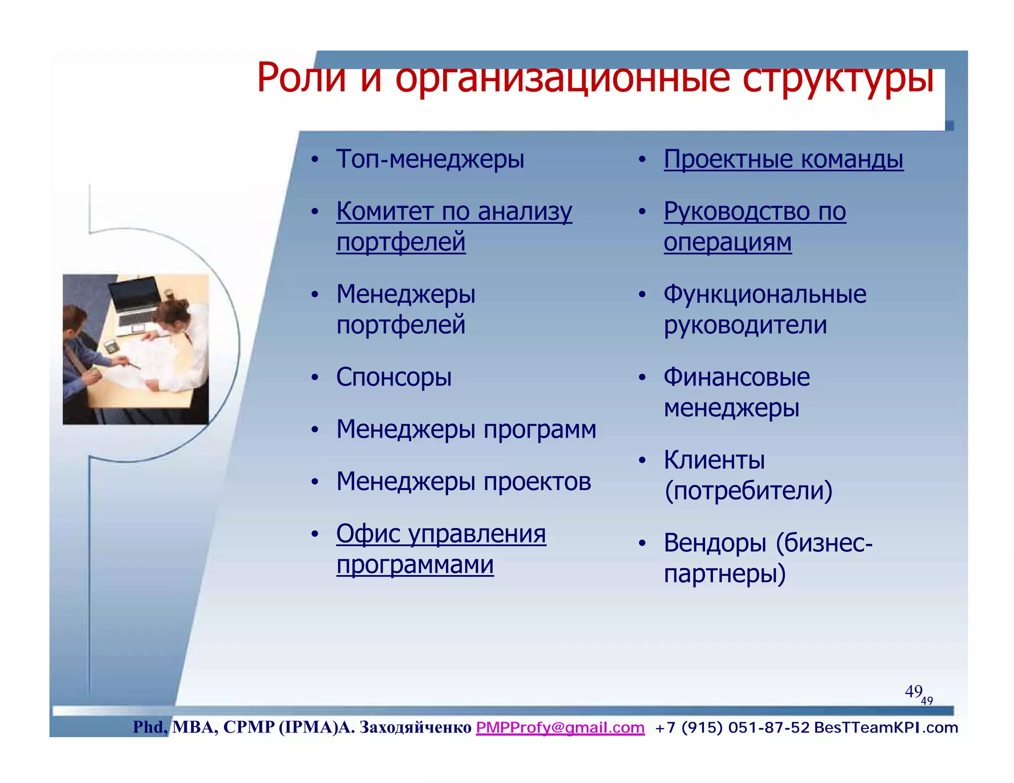 Роли и организационные структуры
                   • Топ-менеджеры                    • Проектные команды

                   • Комитет по анализу               • Руководство по
                     портфелей                          операциям

                   • Менеджеры                        • Функциональные
                     портфелей                          руководители

                   • Спонсоры                         • Финансовые
                                                        менеджеры
                   • Менеджеры программ
                                                      • Клиенты
                   • Менеджеры проектов                 (потребители)
                   • Офис управления                  • Вендоры (бизнес-
                     программами                        партнеры)



                                                                                    4949
Phd, MBA, CPMP (IPMA)А. Заходяйченко PMPProfy@gmail.com +7 (915) 051-87-52 BesTTeamKPI.com
 